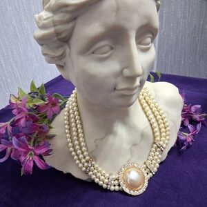 Vintage Triple Strand Draped Rhinestone Faux Pearl Necklace